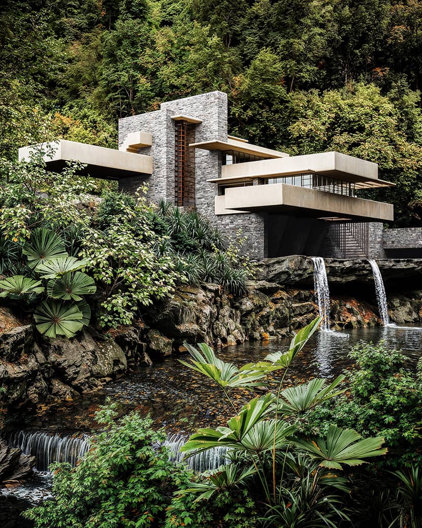 ai-improved image of the waterfalling house